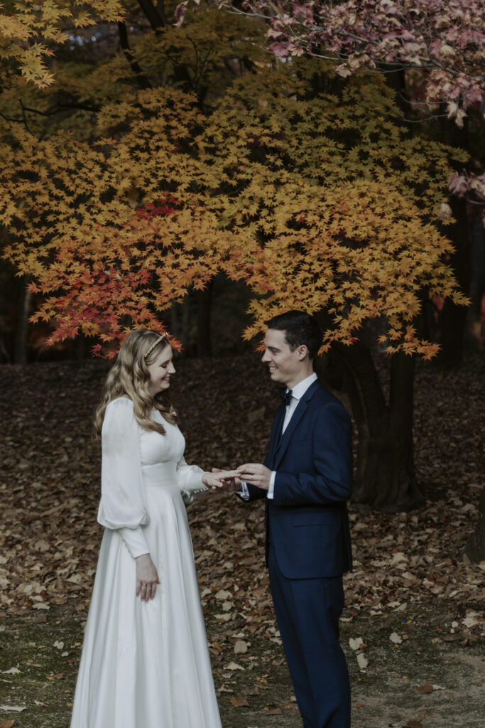 A bride and groom having an intimate elopement in front of a fall colored tree.