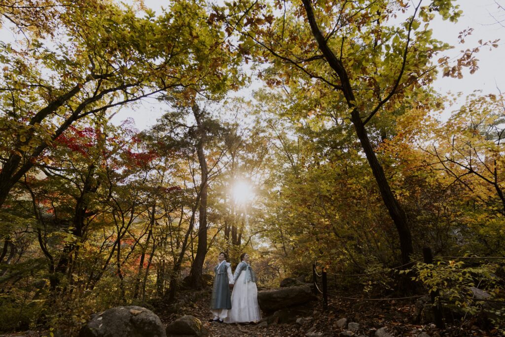 A bride and groom standing in a wooded area at Sunwoongak Seoul.