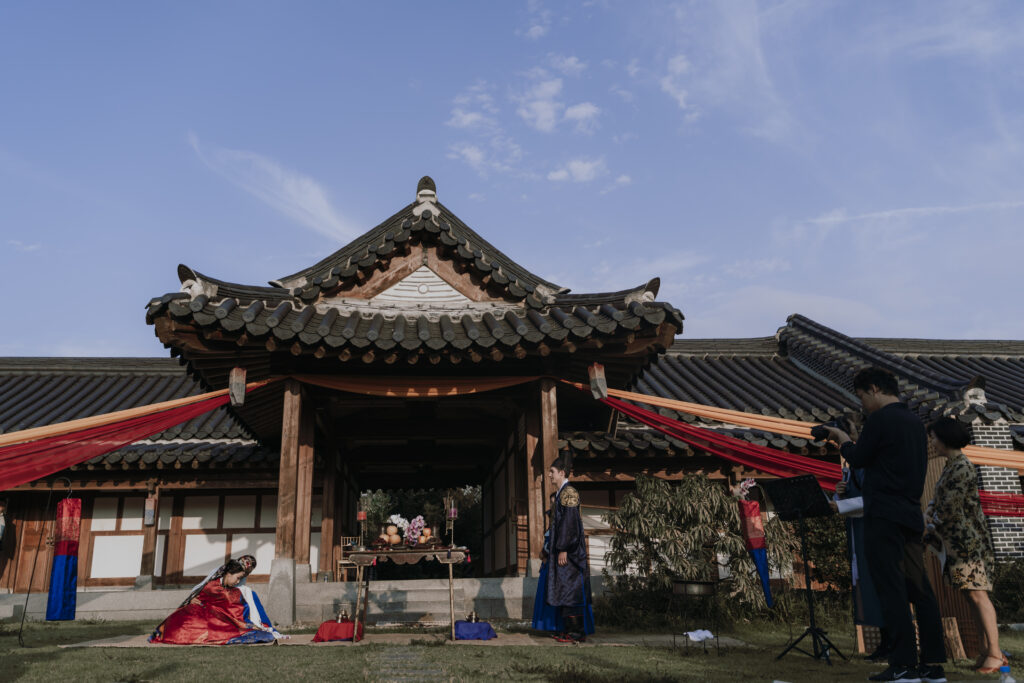 Korean wedding ceremony at a traditional korean house.