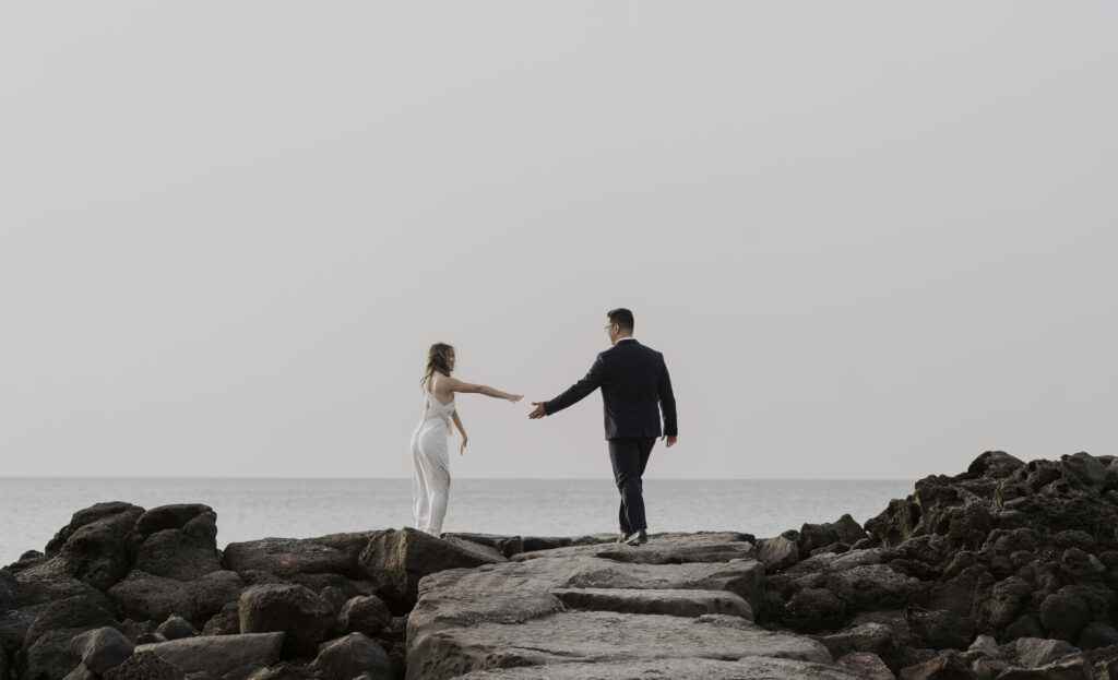 a bride and groom enjoy Jeju Island during their pre-wedding photoshoot