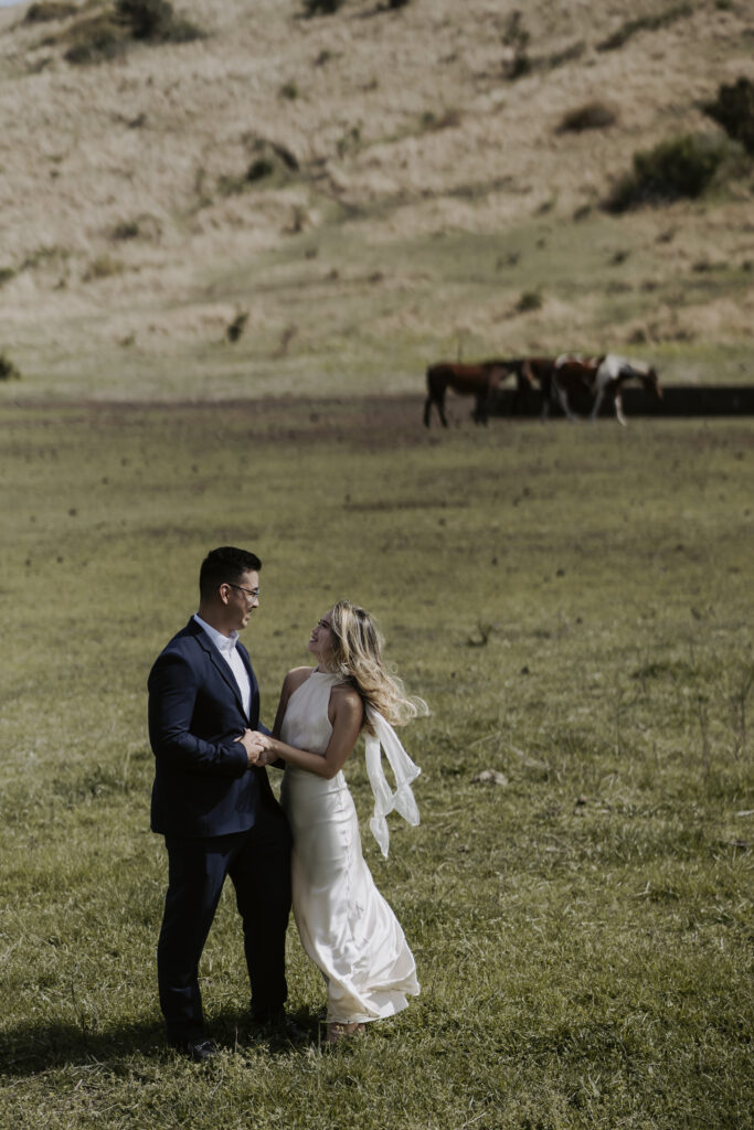 a bride and groom pose in front of horses during their pre-wedding photoshoot