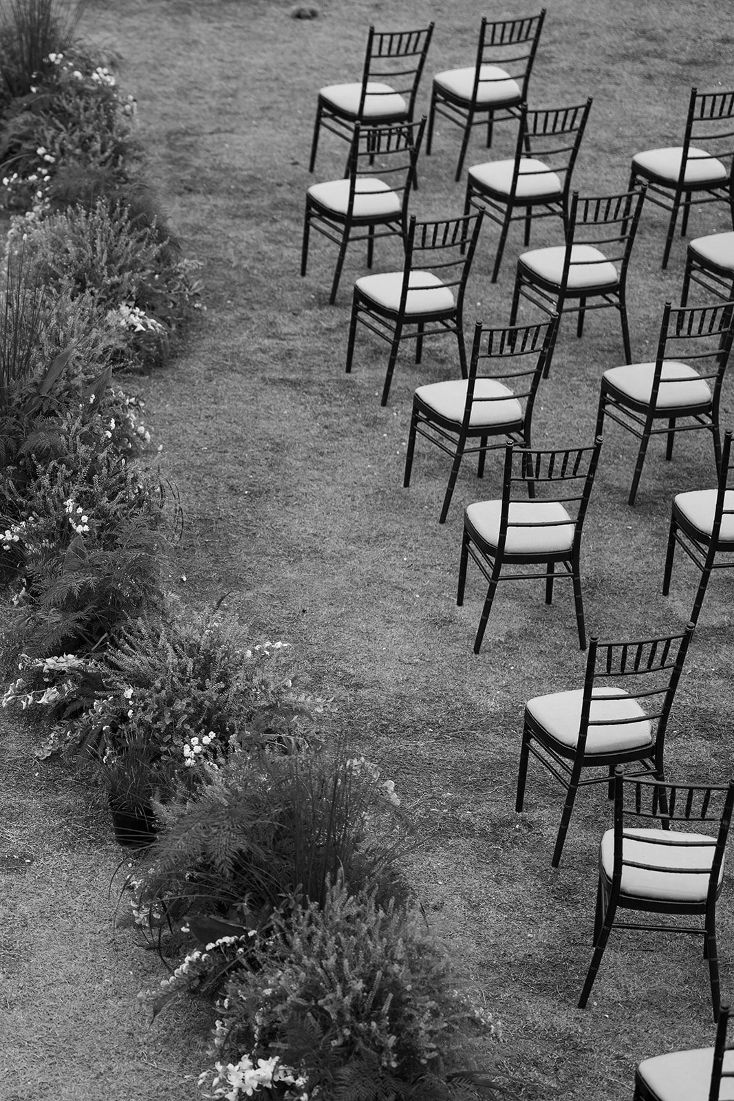 Rows of empty chairs with white cushions are arranged on a dirt ground next to a border of potted plants and flowers, offering inspiration for those choosing wedding venues in Korea.